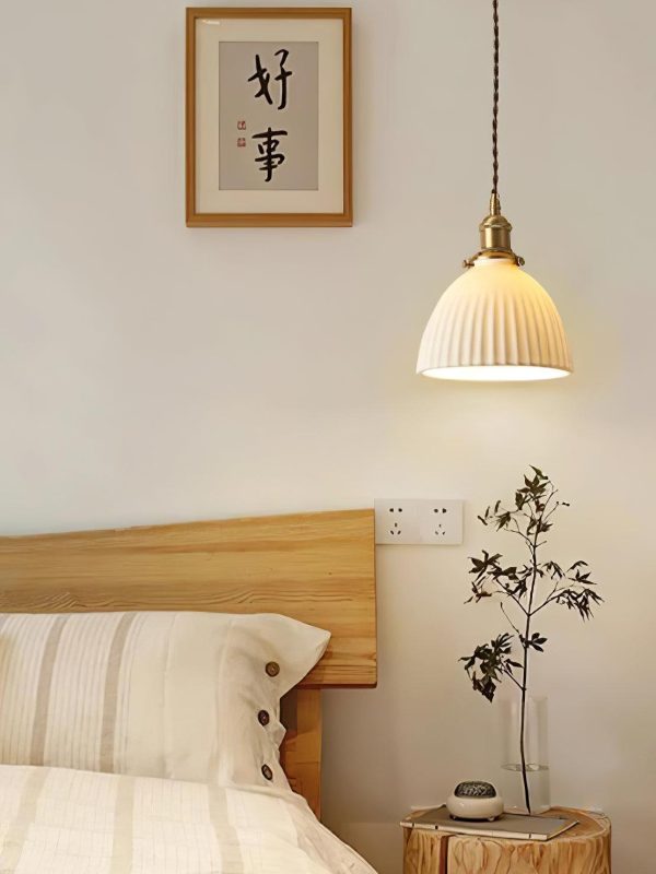 brass pleated ceramic pendant lamp