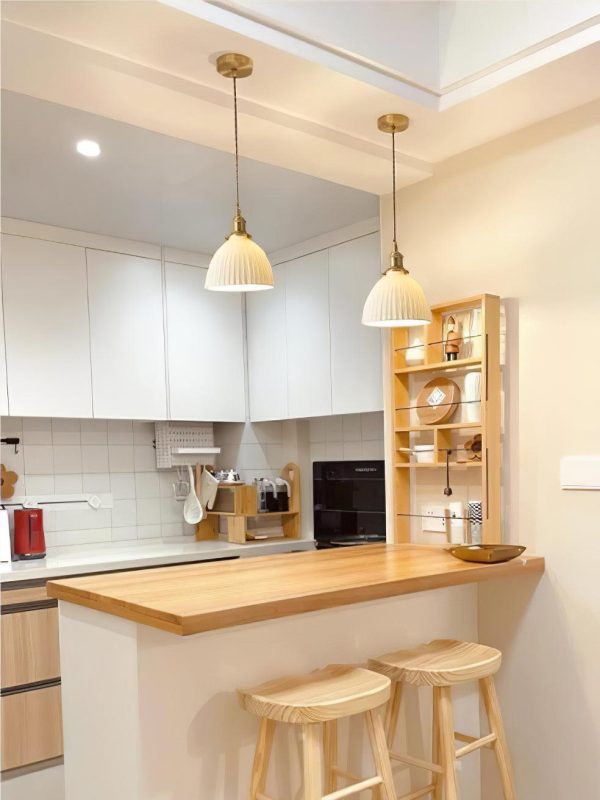 brass pleated ceramic pendant lamp