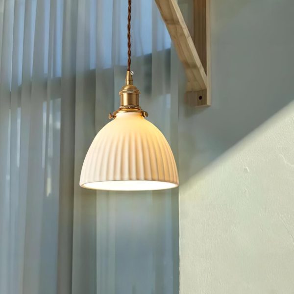 brass pleated ceramic pendant lamp